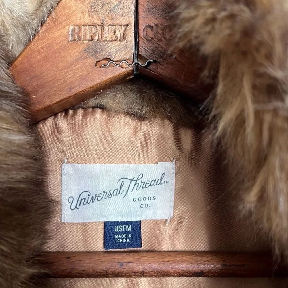 Universal Thread Faux Fur Open Front Stand Up Collar Lined Vest Brown OSFM